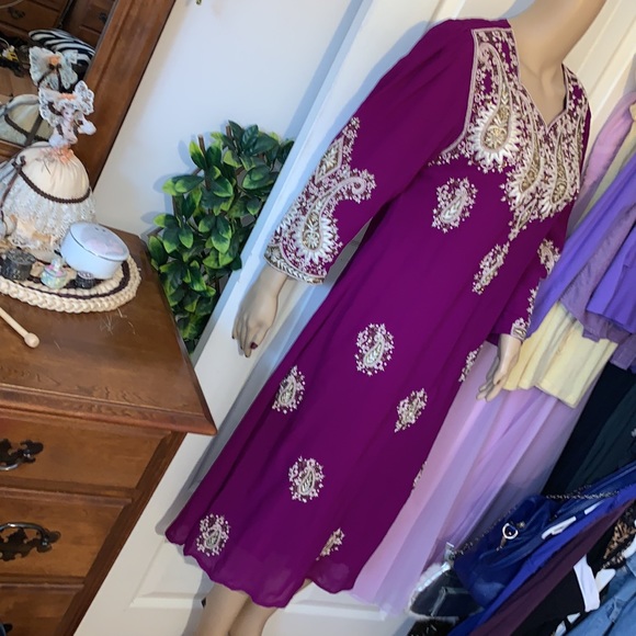 Vintage beaded magenta purple puff sleeve Punjabi Ethnic party dress S M - Picture 7 of 11